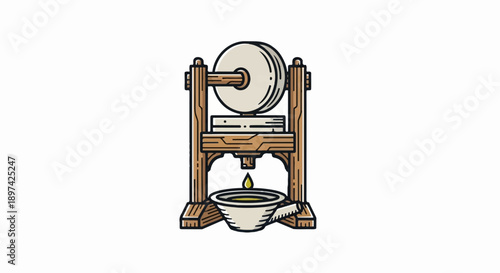 Illustration of a traditional oil extraction press with a drip of oil