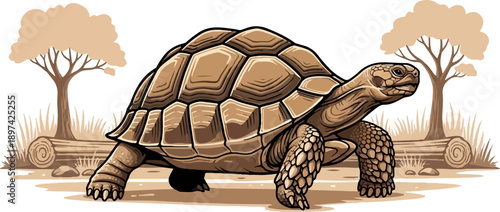 A detailed illustration of a tortoise walking across a sandy terrain with sparse vegetation and two trees