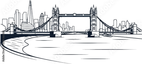 A stylized line drawing of the London skyline, featuring iconic landmarks and a river
