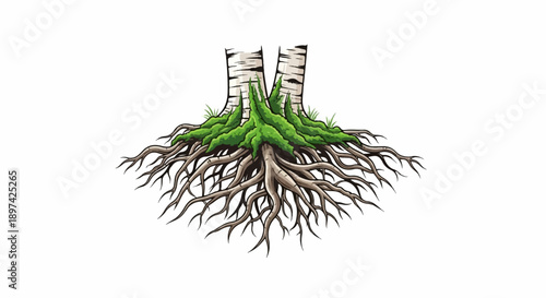 Close-up illustration of tree roots covered in green moss and grass