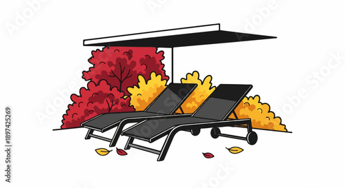 Two dark lounge chairs rest under a canopy, surrounded by vibrant autumn foliage