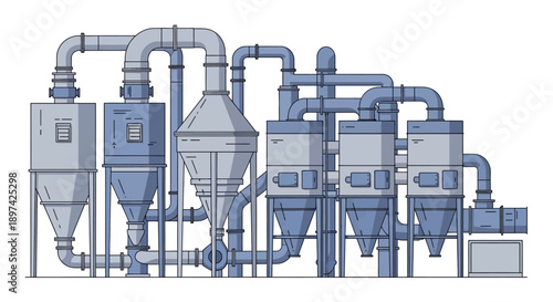 Industrial plant machinery with complex pipework and processing units illustration