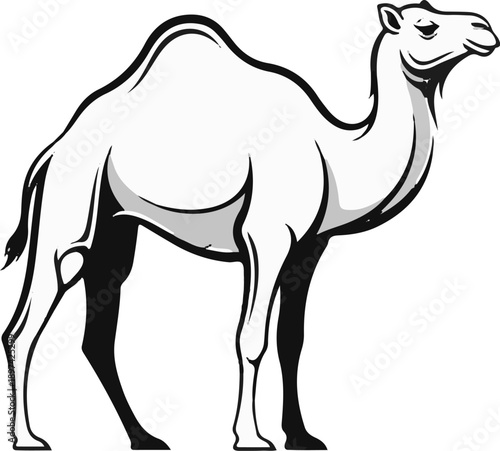 A minimalist, graphic illustration of a camel with a single hump against a white background