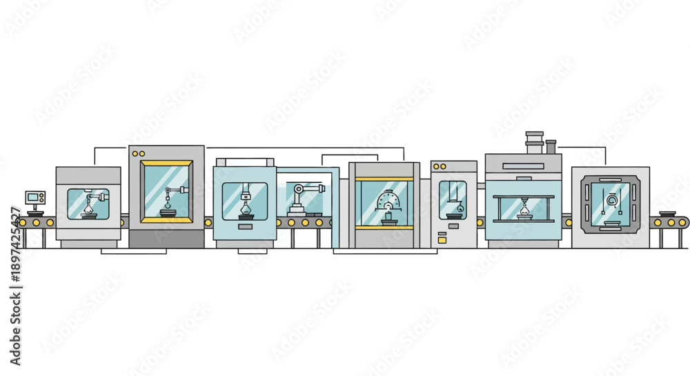 Obraz premium Automated Manufacturing Process with Robotic Arms and Advanced Machinery in a Modern Factory Setting