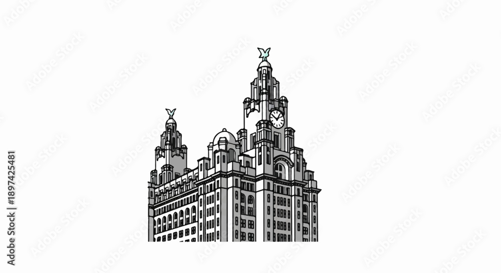 Fototapeta premium A stylized line drawing of a grand, imposing building with multiple towers and a clock