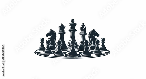 Stylized chess pieces arranged on a board, black and white graphic
