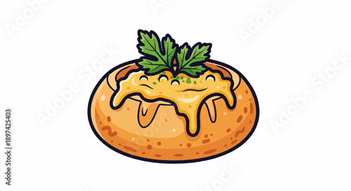 A golden bread bowl filled with melting cheese and topped with fresh green parsley sprigs