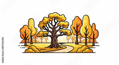 Autumnal park scene with a winding path past a large, gnarled tree and stylized foliage