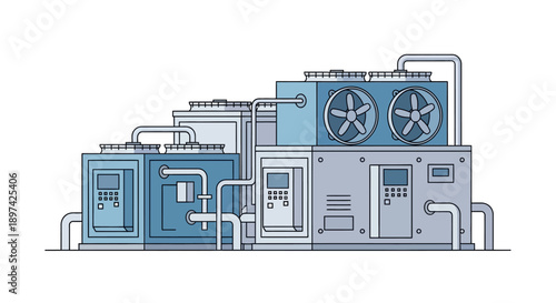 Industrial air conditioning and ventilation systems for buildings, modern HVAC equipment with fans and pipes
