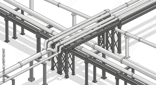 Industrial piping systems and infrastructure, a detailed isometric view of interconnected pipes on supports and frameworks
