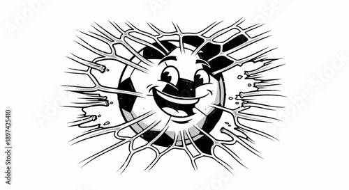 A joyful cartoon soccer ball bursts through a net