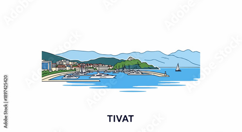 Coastal town with yachts docked in a harbor, backed by green hills and mountains