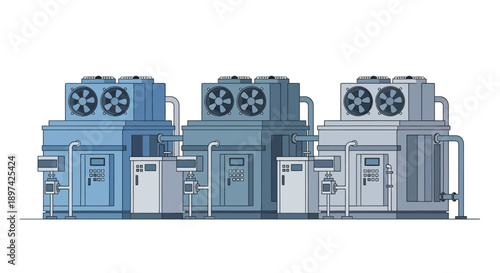 Industrial air conditioning units lined up in a row against a white background, representing HVAC systems and climate control solutions