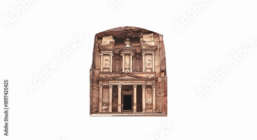 Ancient facade carved into sandstone cliff face, ornate columns