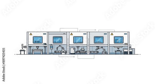 Automated Production Line with Robotic Arms and Manufacturing Equipment in a Clean Room Environment