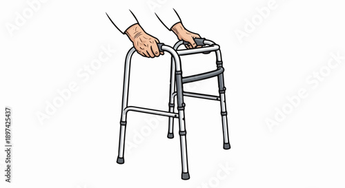 Hands grip a silver walker frame, offering support and mobility
