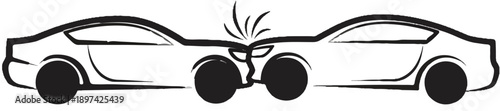 Stylized black and white illustration of two cars colliding head-on