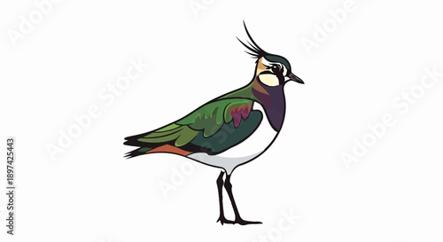 A stylized bird with green wings, a white chest, purple throat, and a prominent crest