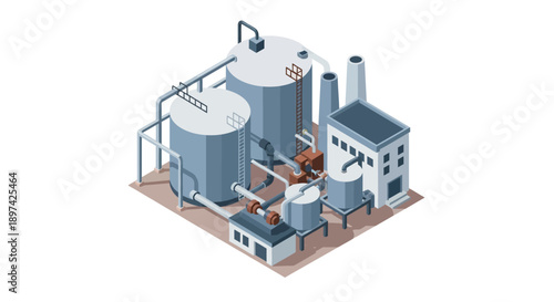 Industrial factory with storage tanks and manufacturing equipment, a clear representation of modern production and processing facilities