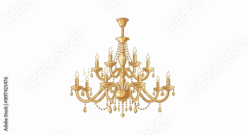 An ornate, multi-tiered golden chandelier with lit candles and crystal droplets, set against a white background