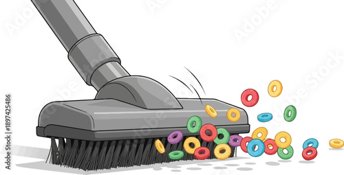 Vacuum cleaner head with colorful circular cereal pieces being swept up