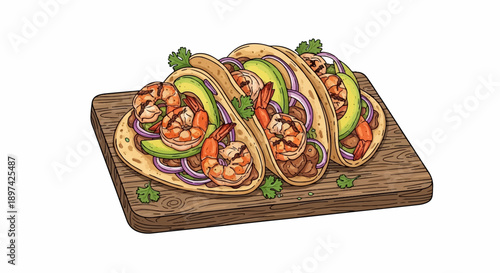 A close-up illustration of three loaded shrimp tacos with avocado, onions, and cilantro on a wooden board