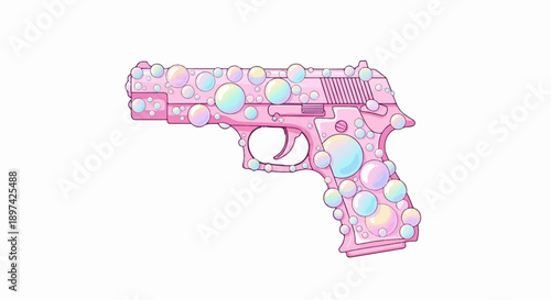 A stylized pink handgun adorned with iridescent, pastel-colored bubbles