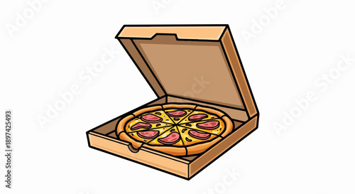 A tasty pizza with pepperoni slices sits open in a cardboard box