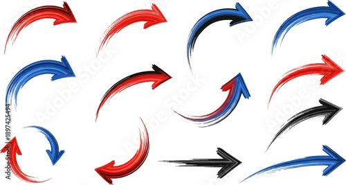 Collection of dynamic, paint-brushed arrows in red, blue, and black
