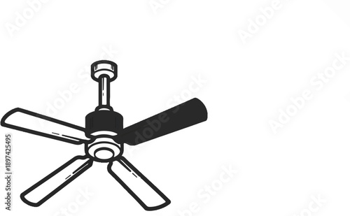 Simple illustration of a black and white five-bladed ceiling fan hanging from a rod
