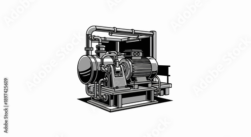 A monochrome illustration depicts a complex industrial pump system with a motor and pipes