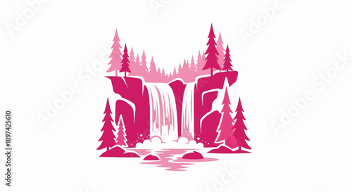 Stylized pink forest scene featuring a cascading waterfall and scattered trees on rocky terrain