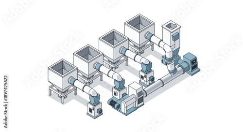 Industrial facility with interconnected hoppers and pipes, an automated system for material processing