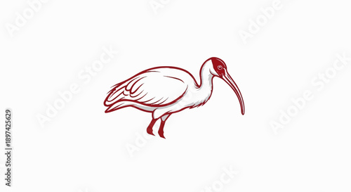A stylized ibis bird in white and red, with a long curved beak, stands on thin legs