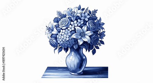 A pixelated bouquet of assorted blue flowers in a vase on a wooden surface