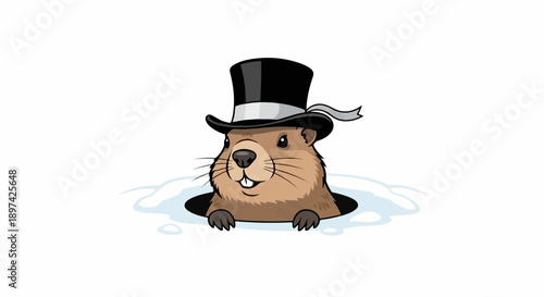Adorable cartoon groundhog in a top hat peeks out from its snowy hole