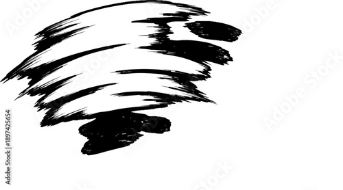 Black brush strokes create a dynamic, abstract shape against a white background