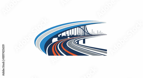 Modern city bridge with curved roadways and skyline silhouette