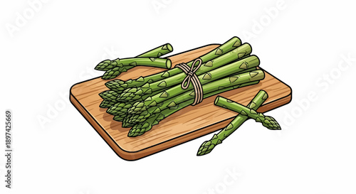 A bunch of green asparagus stalks tied with twine rests on a wooden cutting board with two scattered stalks nearby