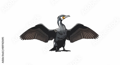 Black bird with wings spread wide, showing detailed feathers and standing on legs