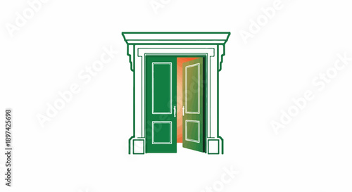 An open green door with a warm glow spilling out into a bright, white space