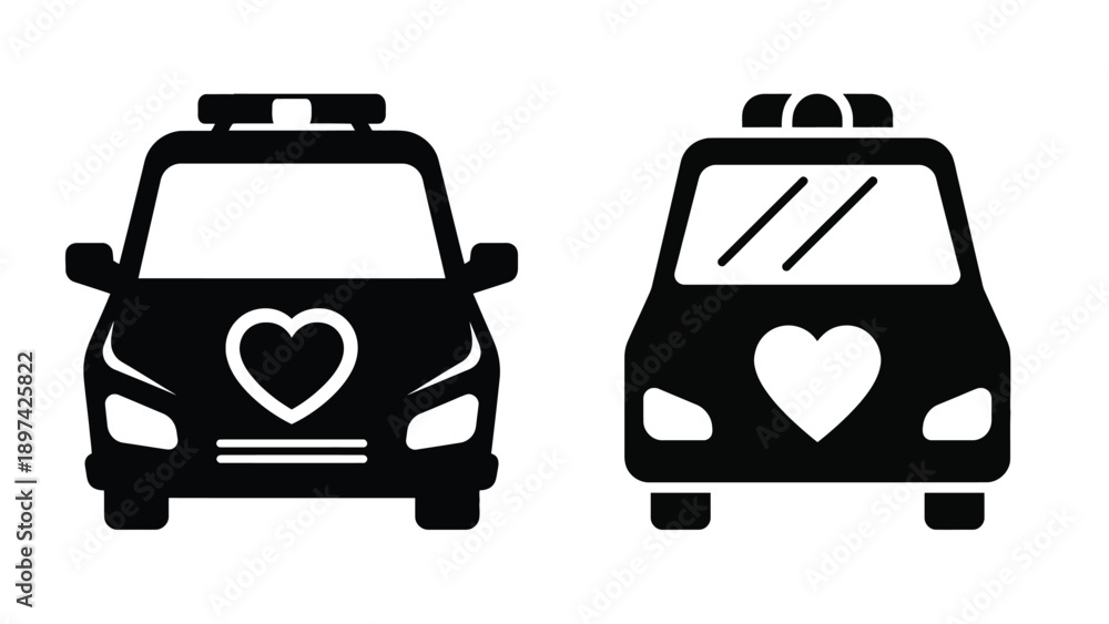 Obraz premium Ambulance icons with heart symbol vector illustrating emergency medical services readiness, fleet procurement planning and response cost optimization for healthcare systems
