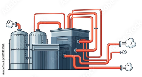 Industrial factory building with pipes and smoke, representing manufacturing and production processes