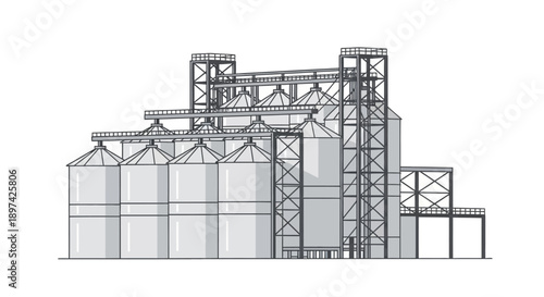 Industrial grain storage silos with conveyor belts and elevated walkways, a modern agricultural infrastructure for grain handling and storage