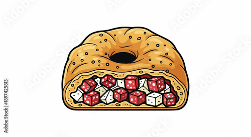 Cartoonish bagel sliced open, stuffed with red and white cubes