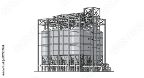 Industrial storage silos with complex piping systems and structural framework against a white background