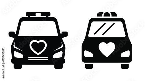 Ambulance icons with heart symbol vector illustrating emergency medical services readiness, fleet procurement planning and response cost optimization for healthcare systems