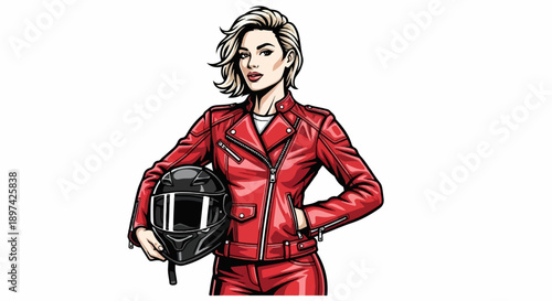 Stylized woman in a red leather motorcycle jacket and pants, holding a helmet