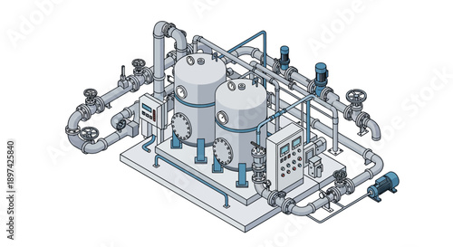 Industrial Water Filtration System with Pumps and Pipes