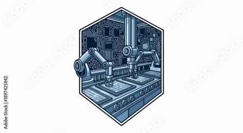 Robotic arms assemble electronic components on a production line within a circuit board backdrop